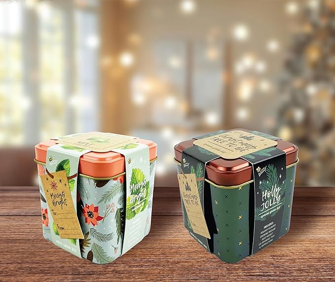 BUZZY Seeds Holiday Mini Spruce and Mint Square Tin Grow Kit 2-Pack, All-in-One Indoor DIY Gardening Gift, Stocking Stuffer, Party Favors Adults, Secret Santa, Present for Gardeners