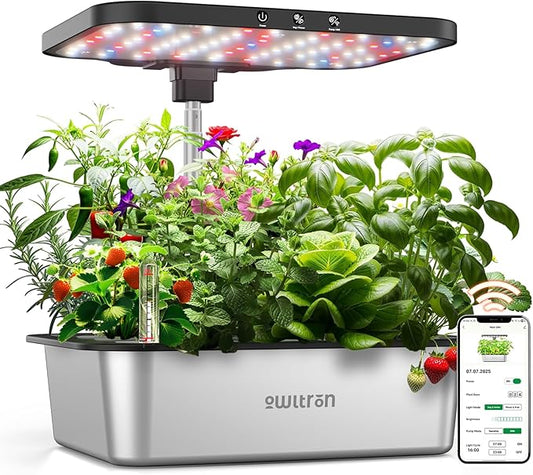 owltron Smart Hydroponics Growing System Kit,15 Pods Indoor Herb Garden with 36W LED Grow Light & APP Control, Planting Height Up to 30", Quiet Water Pump, Stainless Steel - Ideal Gift for All Ages