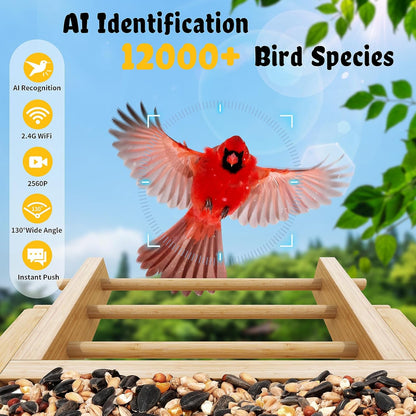 Smart Bird Feeder with Camera Solar-Powered, 5MP AI Identifies Birds 12000+, Color Night Vision, Auto Capture Bird & Motion Detection for Watching, Waterproof Birdfeeders for Outdoors, Garden