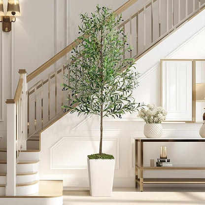 Olive Trees Artificial Indoor 8ft, 2 PCS Tall Faux Silk Plant with Pot, Realistic Leaves and Natural Wood Trunk Fake Trees with Lifelike Fruits for Home Office Decor Bedroom Livingroom Entryway