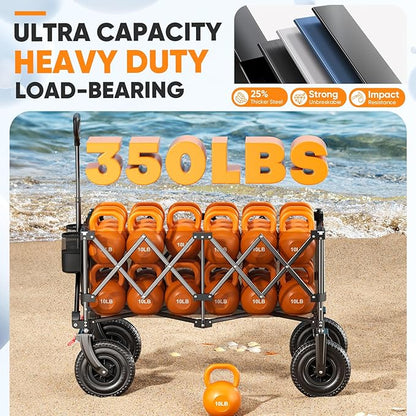 Beach Wagon with 9x3 Big Rubber Wheels for Sand, 350lbs Heavy Duty 200L Collapsible Utility Wagon, Easy Transport & Storage, Ideal for Sport, Camping, All-Terrain Outdoor Activities, Black