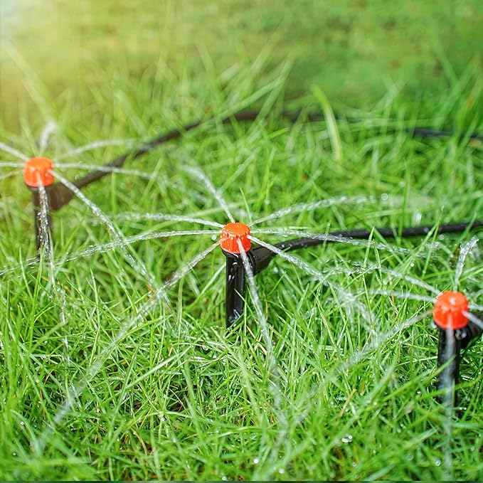 50pcs Drip Emitters for 1/4" Irrigation Tubing, Easy Connect Adjustable 360 Degree Water Flow Sprayer On 5" Stake for 4/7mm Tube Locked Drippers for Garden, Flower, Plant