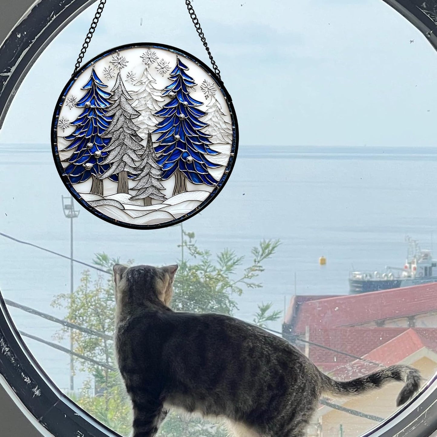 Stained Glass Window Hanging 4 Pcs Set White Winter Christmas Snow Scene Large 11.8" - Suncatcher Door Garden Sun Catcher Decor Birthday for Mom Woman Nana Men Friend Wife