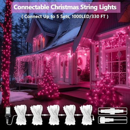 Upgraded Connectable 200 LED String Lights Indoor Outdoor, 66FT Pink Christmas Lights Waterproof, 13 Modes Twinkle Fairy Lights Plug in Clear Wire for Valentine's Day, Bedroom, Classroom Decor