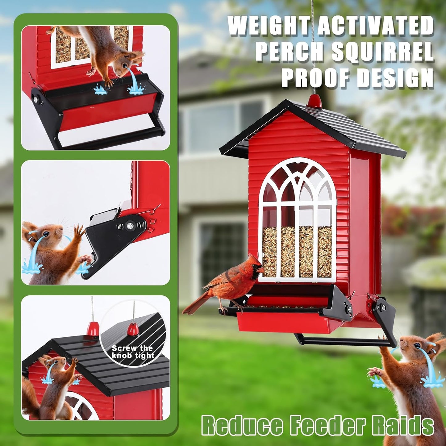 Squirrel Proof Bird Feeder for Outdoors,5LB Large Capacity,Metal Wild Bird Seed Feeder with Bilateral Weight-Activated Perches for Outside Hanging,Finch,Cardinal,Blue Jay,Garden Decoration,Red