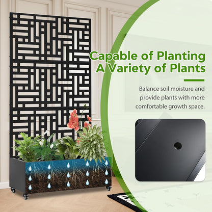 Metal Planter Box with Trellis,71”Raised Garden Bed with Trellis Privacy Screen and Drainage.Wheeled for Patio Flexibility,for Climbing Veggies/Flowers.DIY-Friendly Design