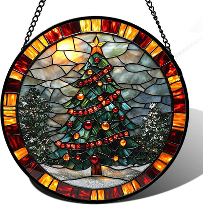 Stained Glass Window Hanging - Winter Christmas Tree Suncatcher Ready to Hang Window Doors Home Decoration, Christmas, Mother's Day Birthday Gifts for Women, Men, and Mom 14.9x14.9 in