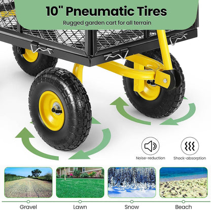 Homdox MAX 880 Lbs Garden Cart, Heavy Duty Foldable Mesh Steel Garden Wagon with 180° Rotating Handle and 10 Inch Tires, Pullable Yard Cart for Yard Garden Beach Farm, Yellow with Bag