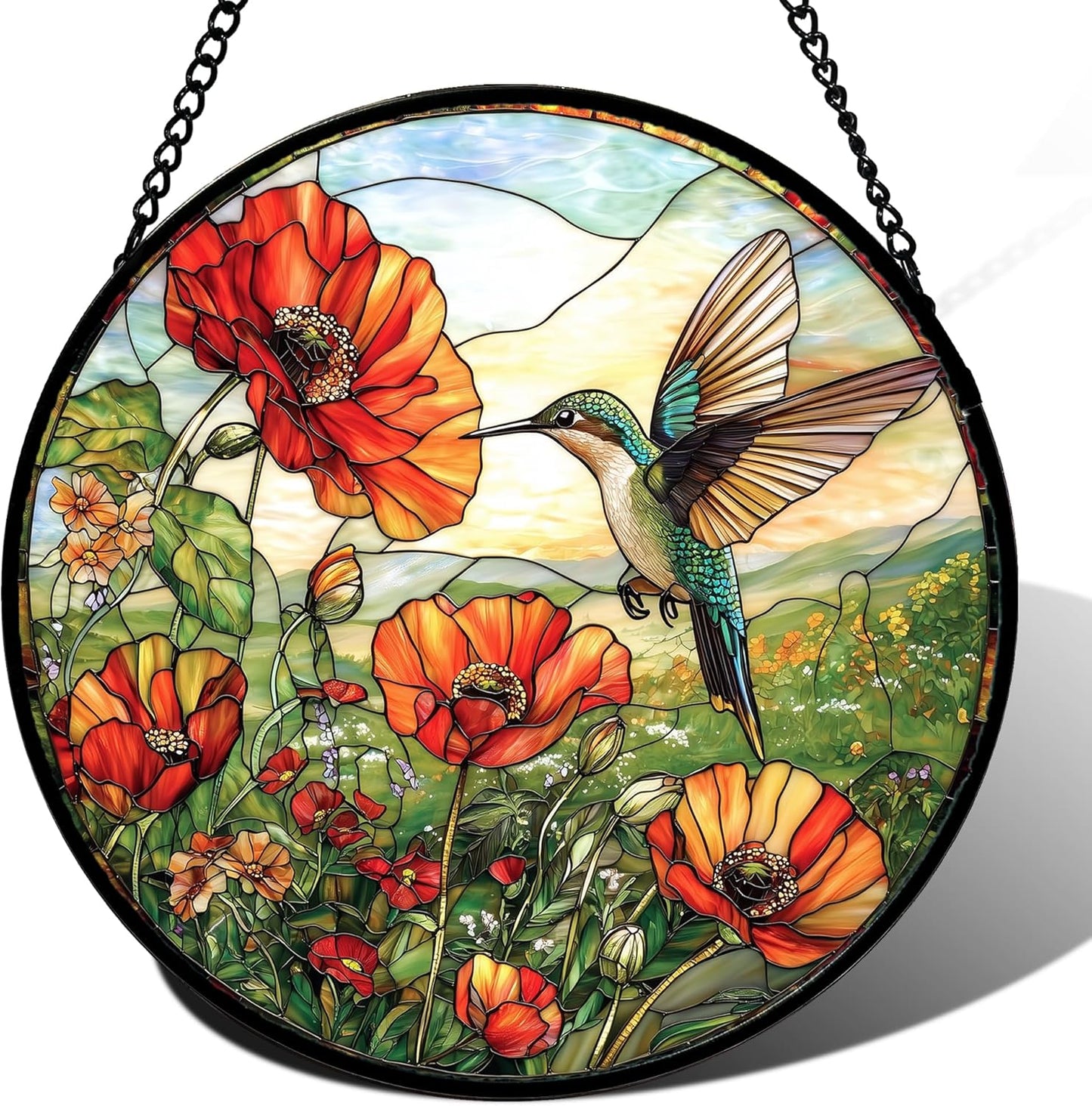 Stained Glass Window Hanging, Hummingbirds Orange Flowers Suncatcher Diamond Glass Panel Hangings Sun Catchers Decor for Birthday for Women, Men, Wife, Aunt, and Mom 14.9 in