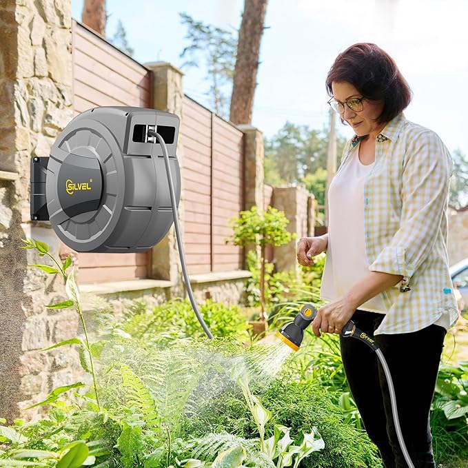 SILVEL 1/2 in x 110 FT Retractable Garden Hose Reel, UV Resistant Heavy Duty Automatic Hose Reel Wall Mount with 10 Pattern Nozzle, Any Length Lock & Slow Return System, 180°Swivel Bracket, Yellow