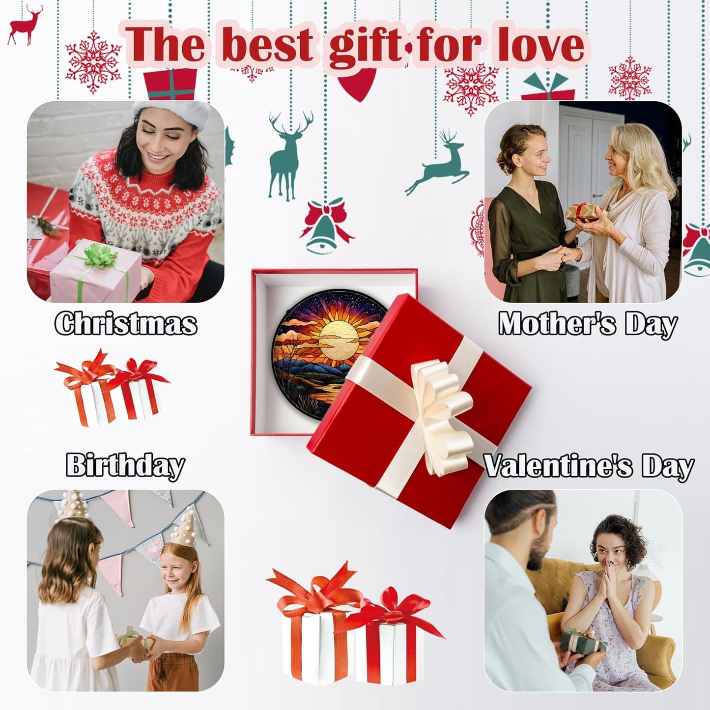 Stained Glass Window Hanging, The Sun Shines Brightly on Lake Sun Catchers Colorful Glass Panel Suncatcher Decor for Birthday for Women, Men, Wife, Lovers, and Mom 6.3 in