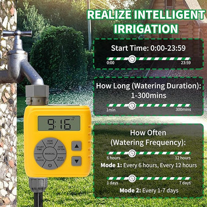 Sprinkler Timer, Programmable Irrigation Water Timer for Garden Hose, Solar/Battery Dual Power & Professional Leak-Proof Design, Rain Delay/Auto/Manual Watering System, Yellow