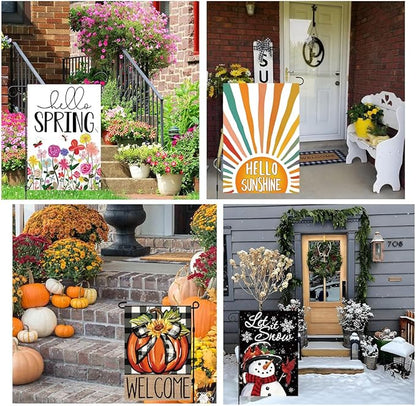 Doncida Seasonal Garden Flags Set of 12 Double Sided Double Stitching 12x18 Inch, Fall Halloween Christmas Yard Flags for Outside Decor, Includes Free Anti-Wind Clip and Stopper