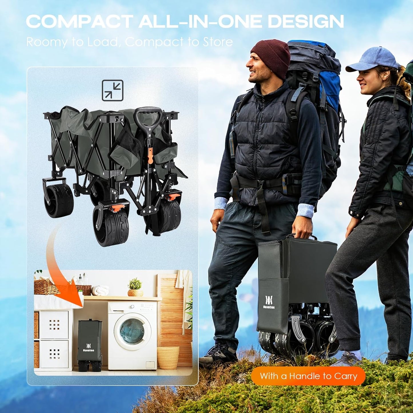 Navatiee Big Wheels Collapsible Wagon Cart Foldable, Heavy Duty Beach Wagon with Silent All-Terrain Wheels, Folding Utility Grocery Cart with Side Pocket and Brakes for Camping Garden Sports, Gray