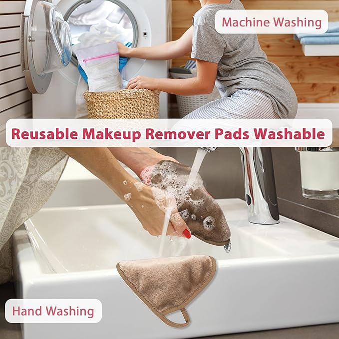 Makeup Remover Cloth, 6" x 6" Make Up Towels Reusable Face Cloth for Washing Face, Makeup Remover Pads Microfiber Face Washcloth with Mesh Bag, Just Water, 12 Pack, Light Brown