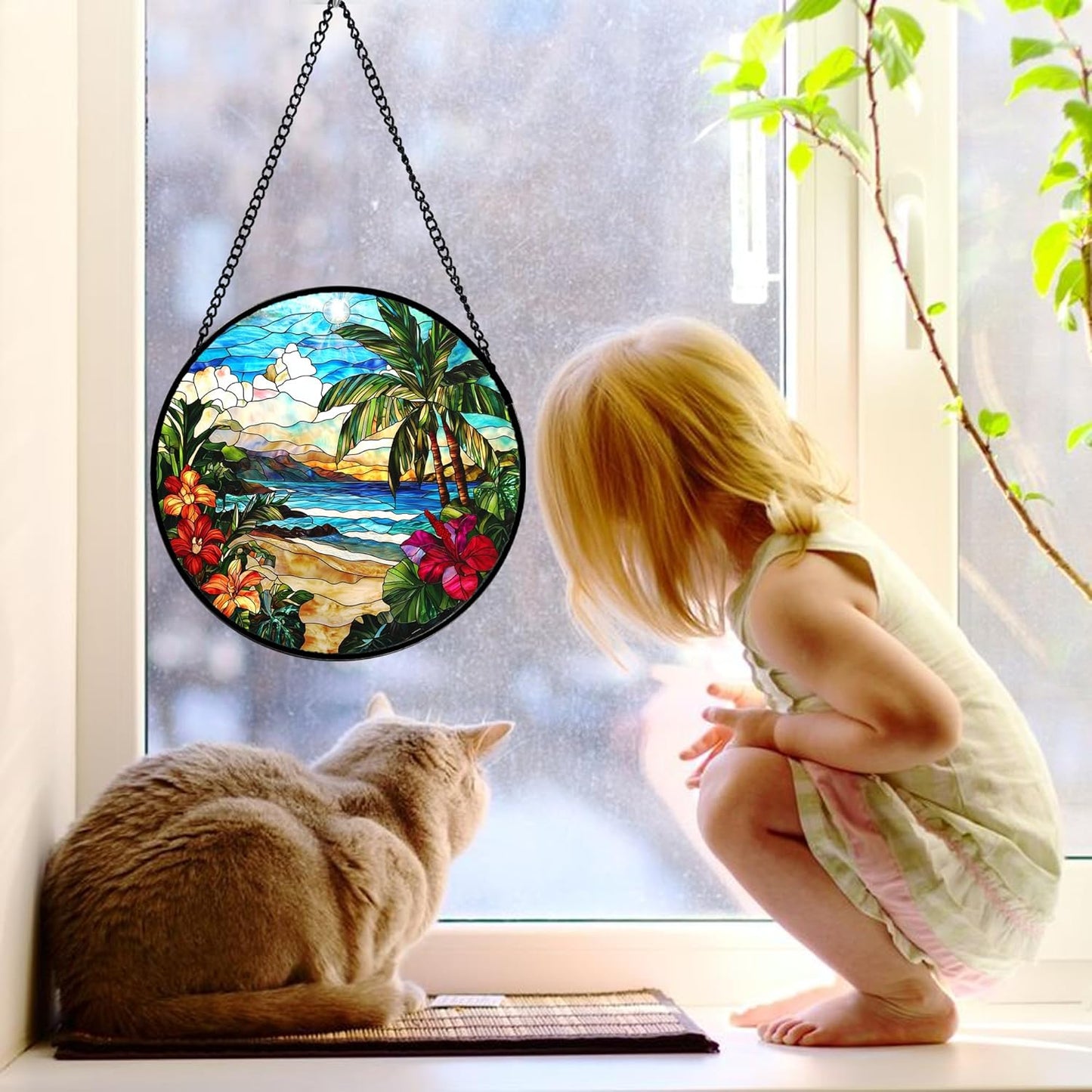 Stained Glass Window Hanging, Blue Beach Scenery Suncatcher Diamond Glass Panel Hangings Sun Catchers Decor for Birthday for Women, Men, Wife, Aunt, and Mom 9.8 in