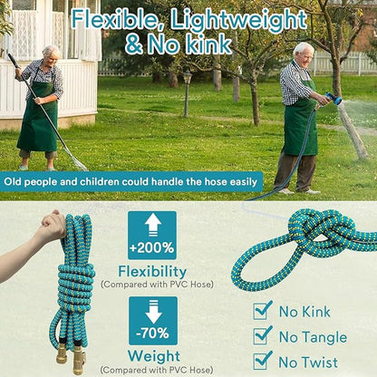 100 FT Expandable Garden Hose - 2025 New Flexible Water Hose 100ft with Solid Brass Connectors, Extra Strength Fabric and Durable Triple Layer Latex Core, Ultra Lightweight, Kink Free, Tangle Free