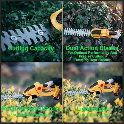 24V Cordless Hedge Trimmer & Grass Shear, 2 in 1 Handheld Shrubbery Trimmer Electric Grass Trimmer, Lightweight & Safe Grass Cutter/Hedge Shear with 2 Pcs Rechargeable Batterys and Charger