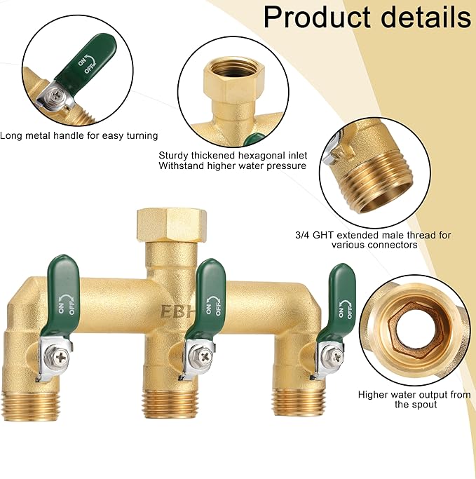 EBH Garden Hose Splitter, 3-Way High Flow Heavy Duty Brass Outdoor Hose Manifold with Long Handles Full Flow Faucet Adapter- 3/4” GHT(Green)