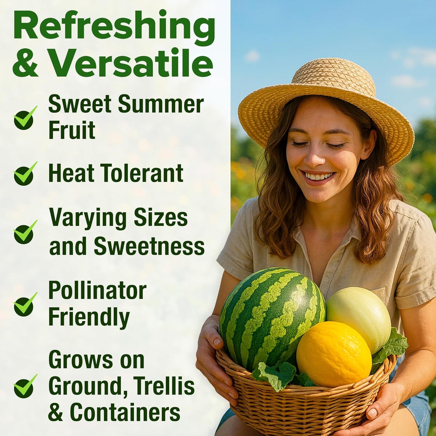 HOME GROWN 𝗨𝗦𝗔 𝗣𝗥𝗘𝗠𝗜𝗨𝗠 Melon Seeds Variety Pack 5 𝗡𝗢𝗡-𝗚𝗠𝗢 Heirloom Vegetable Seeds, Watermelon Cantaloupe Honeydew Sugar Baby & Melon, High Germination for Planting Home Garden Indoors