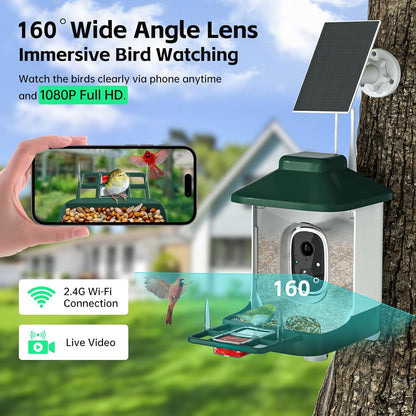 Smart Bird Feeder with Camera, AI Identify Bi rd Species Solar Powered,Full HD Live Video Bird Feeder Camera, 2.4Ghz WiFi,Nstant Arrival Alerts - Best Gifts for Bi rd Lover