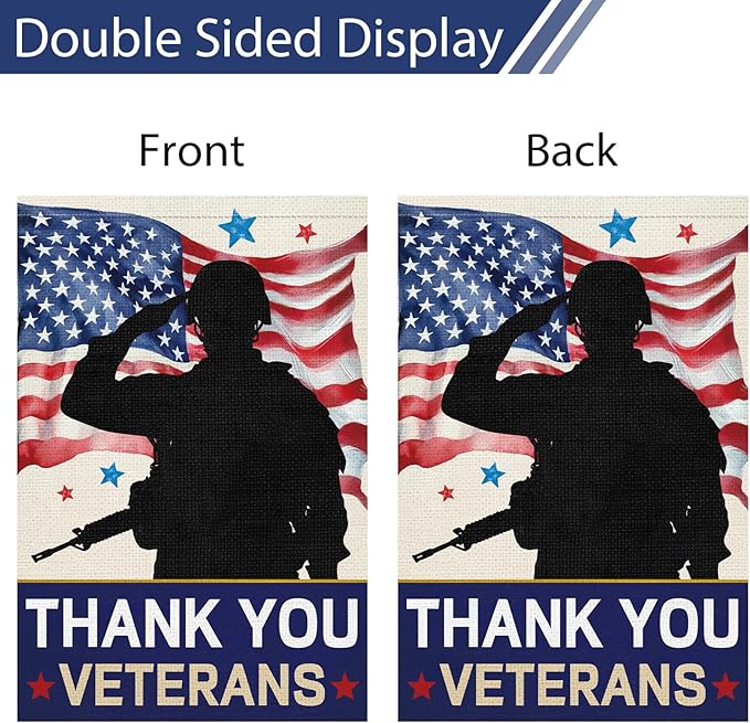 Heyfibro Thank You Veterans Garden Flag 12x18 Inch Double Sided, Soldiers Heroes Thank You Patriotic USA Yard Banner for Independence Veterans Day Outdoor House Decorations (ONLY FLAG)