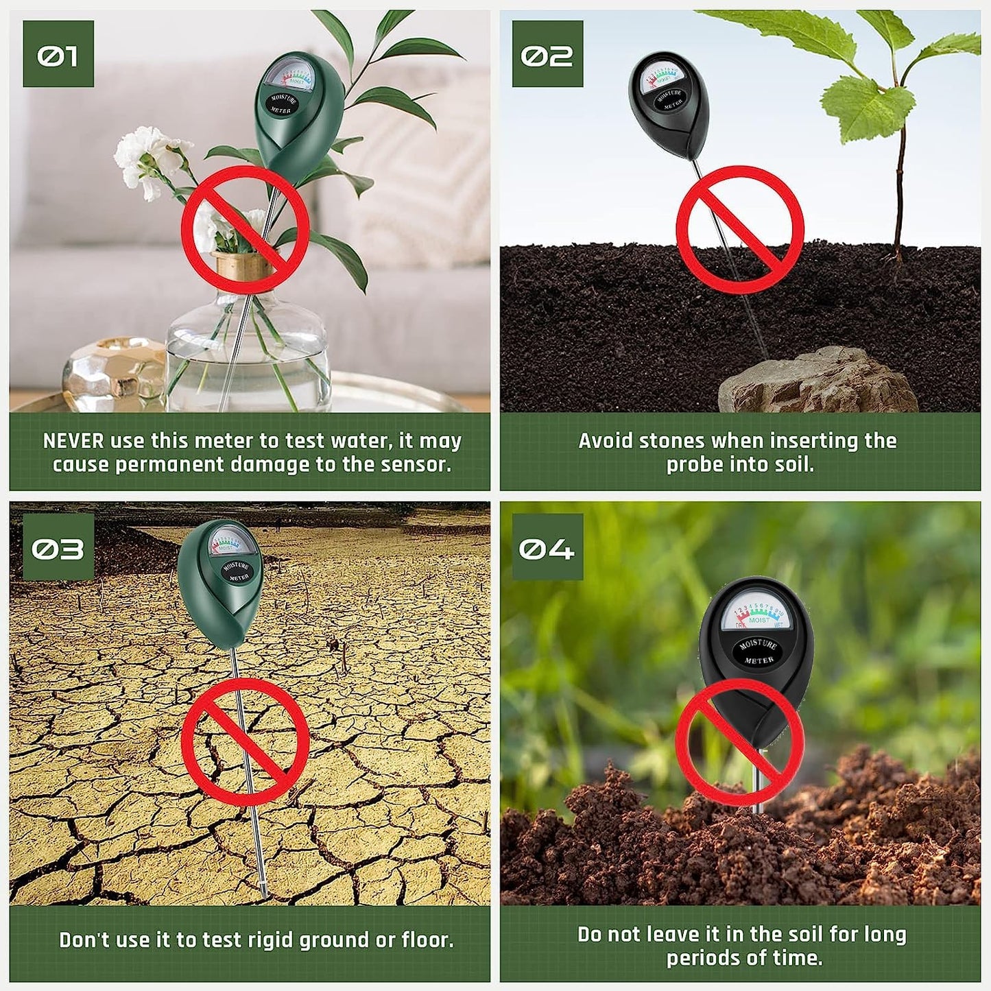 Plant Moisture Meter, Plant Water Meter, Soil Moisture Meter for House Plants for Garden, Lawn, Farm, Indoor & Outdoor Use, No Batteries Required (Green + Black)