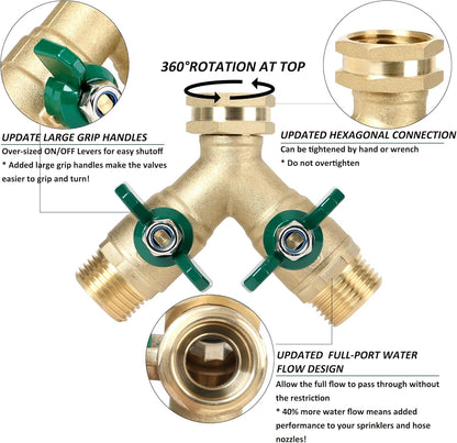 STYDDI Garden Hose Splitter Full Flow, Brass Heavy Duty Hose Splitter 2-Way High Flow, All Metal Hose Y Splitter with Shutoff, Outdoor Faucet Splitter Hose Connector, Water Hose Y Valve Tap Adapter