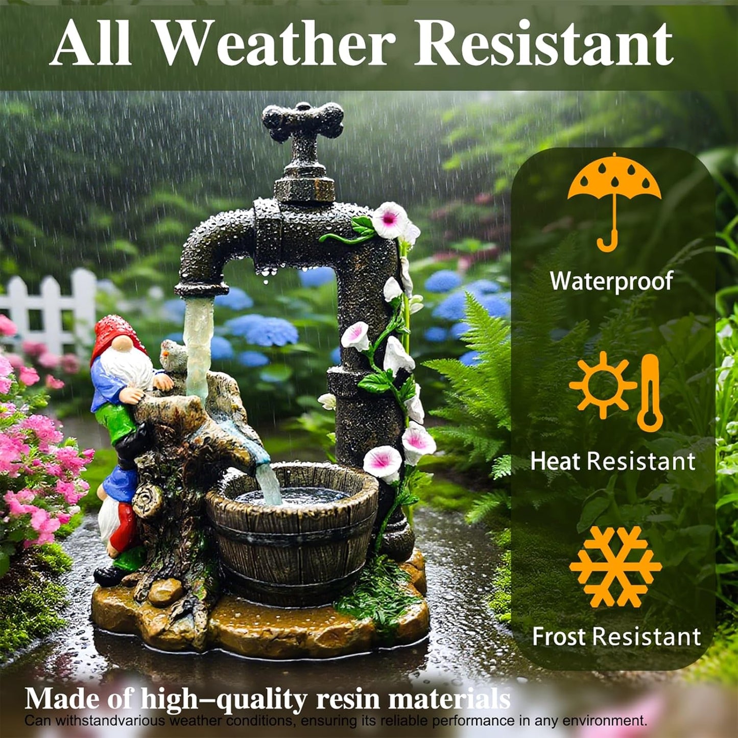 Solar Garden Gnomes Statues Outdoor Yard Decorations, 10" Resin Fountain Gnome Outside Christmas Art Decor for Lawn Patio Porch Backyard,Unique Housewarming Gifts for Women Mom Grandma