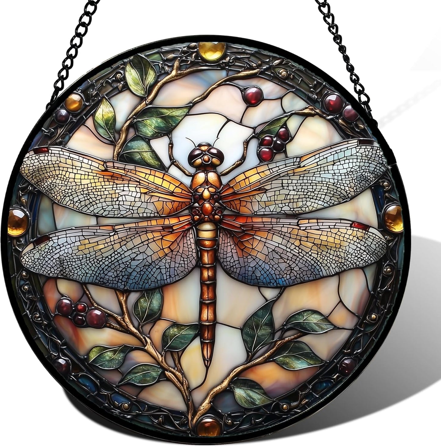 Stained Glass Window Hanging - Dragonfly Plant Suncatcher Ready to Hang Window Doors Home Decoration, Christmas, Mother's Day Birthday Gifts for Women, Men, and Mom 14.9x14.9 in