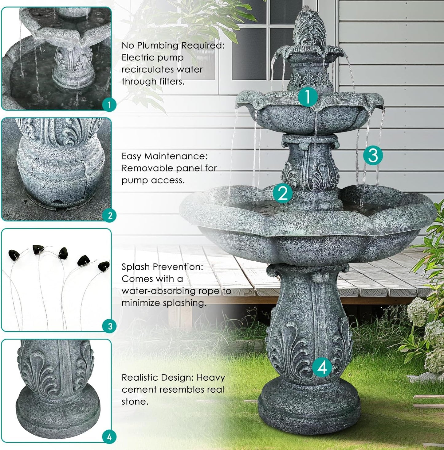 SunJet 48" High 3-Tiers Modern Concrete Outdoor Water Fountain - Round Large Outdoor Fountains and Waterfalls for Garden, Patio, Yard, and Deck Decor, Featuring Natural Stone Look (Grey, 48 inch)