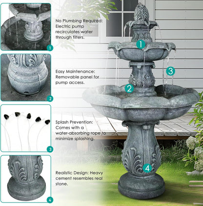 SunJet 48" High 3-Tiers Modern Concrete Outdoor Water Fountain - Round Large Outdoor Fountains and Waterfalls for Garden, Patio, Yard, and Deck Decor, Featuring Natural Stone Look (Grey, 48 inch)