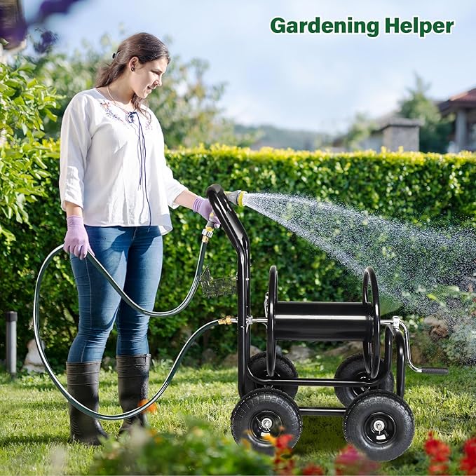 VINGLI 4-Wheel Garden Hose Reel Cart with Storage Basket, Portable Residential Hose Reel Cart, Lawn Watering, for Garden Backyard and Farm