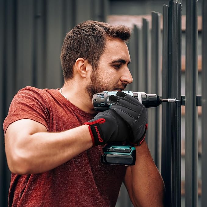 DULFINE Flex Grip Mechanic Work Gloves for Men,Black and Red Utility Safety Working Gloves Touch Screen,Excellent Grip,Ideal for Working on Cars and Outdoor Jobs(Large)