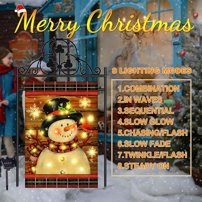 Lighted Christmas Garden Flag for Outside, Led Snowman Garden Flag, Winter Yard Flag 28x40 Double Sided for Outdoor Yard Porch Lawn Decor