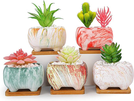 ARTKETTY Succulent Planters, 4.7" Small Succulent Pots with Drainage Rectangular Cactus Planter with Bamboo Trays Ceramic Pots for Indoor Flower Plants Set of 5