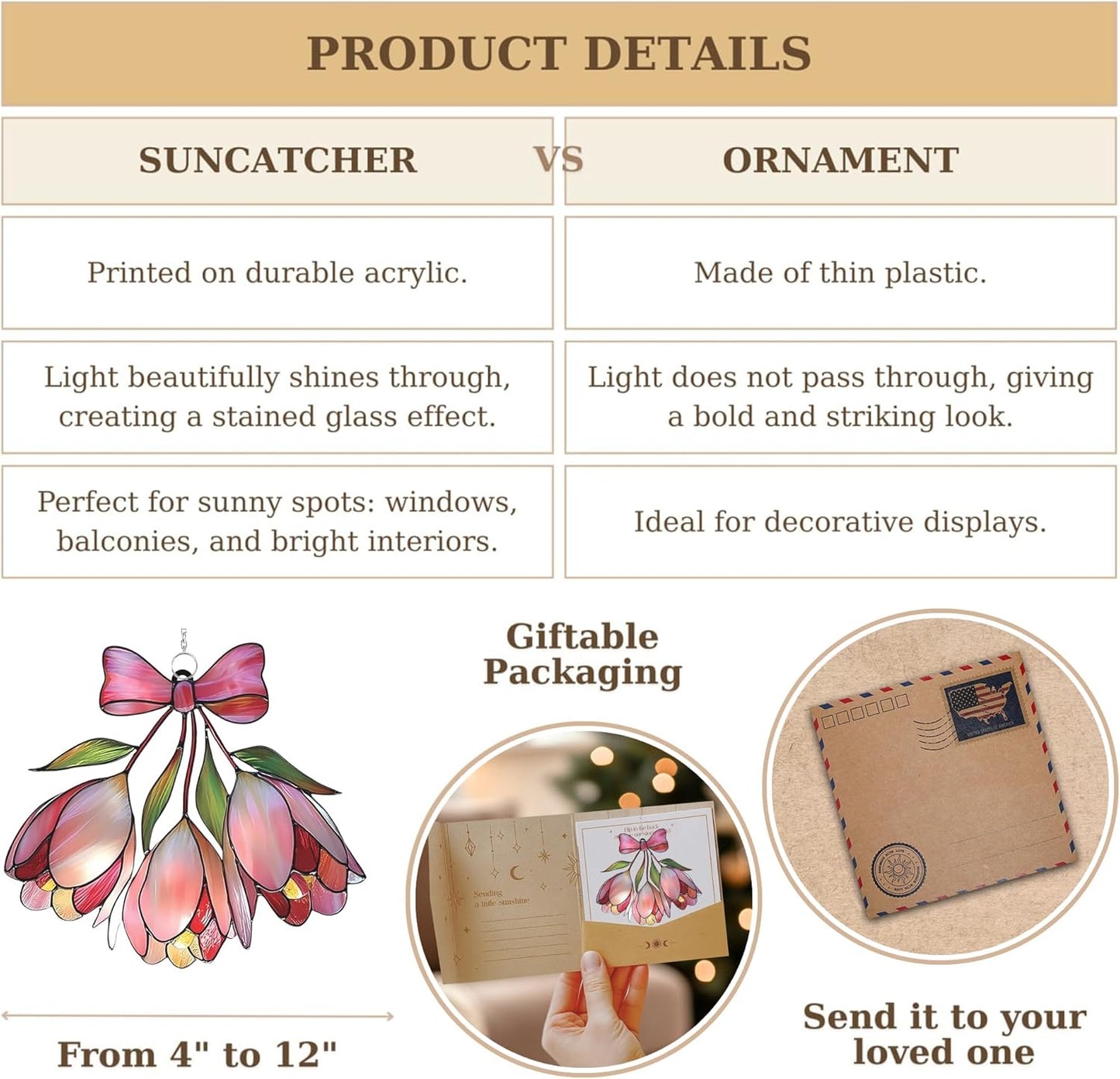 Pink Bell Flower Acrylic Suncatcher Stained Glass Effect Window Car Hanging Christmas Ornament Indoor Outdoor Decor Garden Sun Catcher Panel Gifts for Flower Lover for Women Mom Grandma