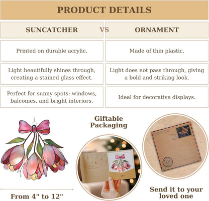 Pink Bell Flower Acrylic Suncatcher Stained Glass Effect Window Car Hanging Christmas Ornament Indoor Outdoor Decor Garden Sun Catcher Panel Gifts for Flower Lover for Women Mom Grandma