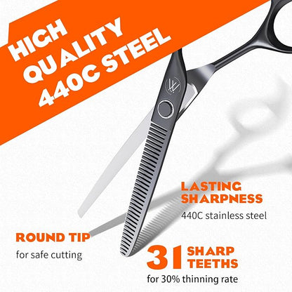 Sirabe HIGH-END Professional Hair Thinning Shears Barber Hair Cutting Texturizing Teeth Scissors with Case, Ultra 440C Sharp Blades for Salon Home Hairdressing Black