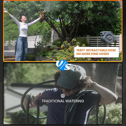 Giraffe Tools Retractable Garden Hose Reel 1/2 Inch x 155 with 5 ft Leader Hose, Heavy Duty, Any Length Lock, Slow Return System, Wall Mounted and 180 Deg Swivel Bracket