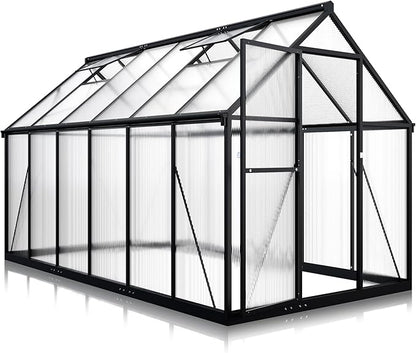 6x11 FTQuick Setup Polycarbonate Greenhouse with Roof Vent, Large Aluminum Walk-in Green House for Outdoor Garden Backyard, Black