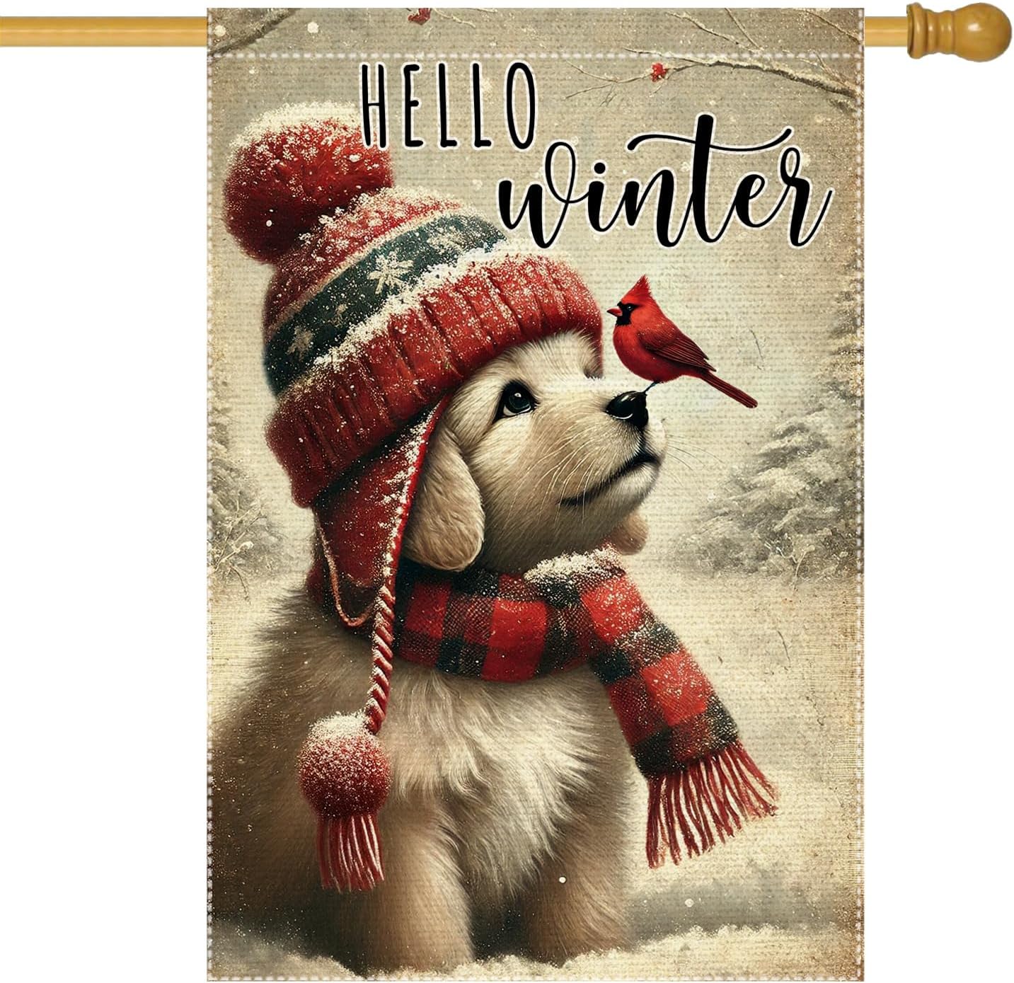 Hello Winter Dog Garden Flag 24x40 Vertical Double Sided Cardinal Bird Snow Christmas Holiday Outside Decorations Burlap Yard Flags (RMQ-58D, 24"X40")