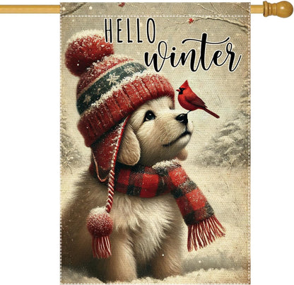 Hello Winter Dog Garden Flag 24x40 Vertical Double Sided Cardinal Bird Snow Christmas Holiday Outside Decorations Burlap Yard Flags (RMQ-58D, 24"X40")