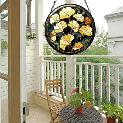 Stained Glass Window Hanging - Ginkgo Leaf Suncatcher for Doors Garden Patio Retro Fall Decor Sun Catchers Christmas Mother's Day Birthday Gifts for Women Men Mom Nana Friend 11.8 in