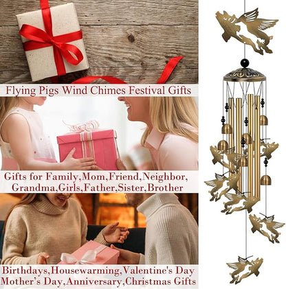 Outside Flying Pig and Horse Wind Chimes Decorate, Memorial Wind Chimes, Pigs Wind Catcher, Mobile Bronze Horses Pigs Wind Bells for Home, Yard, Tree, Patio, Garden Decoration, Festival Gifts for Mom