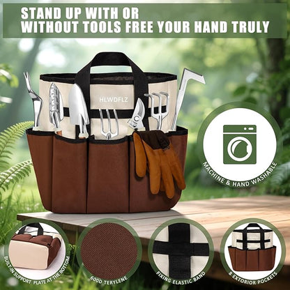 Garden Tool Set, 12 Pcs Heavy Duty Floral Gardening Tools Kit with Gardening Hand Weeder Tools, Durable Storage Bag and Gloves, Gifts for Women and Men Brown