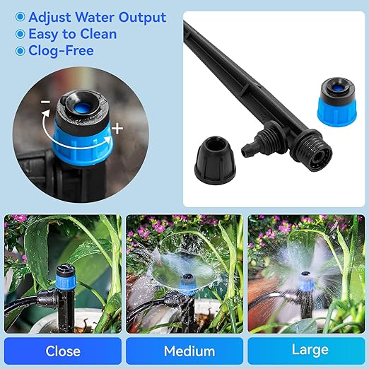 Adjustable Drip Irrigation Drippers Vortex: 20PK Fan Shape Water Flow Bubbler Stake Irrigation Emitters with Lock Barbed for 1/4 inch Tubing for Garden Watering