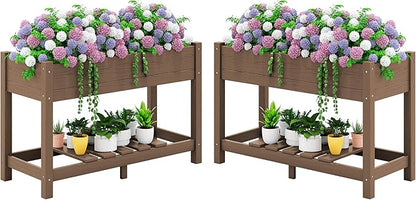 SERWALL Raised Garden Bed Set of 2, HDPE Raised Bed for Gardening All Weather Use- Brown