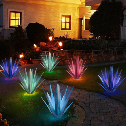 Large Tequila Rustic Sculpture, Rustic Metal Agave Plants for Outdoor Patio Yard, Home Decor Hand Painted Metal Agave Garden Yard Statue, Outdoor Lawn Ornaments (Dark Blue - L (W/Solar Light))