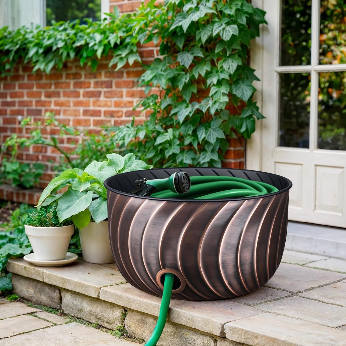 Monarch Abode Decorative Garden Hose Holder with Lid, Antique Copper Storage for Outdoor Use, 100 ft Water Hose Pot for Outside, Wave Embossed Metal Pot with Drainage, Garden Storage Organizer